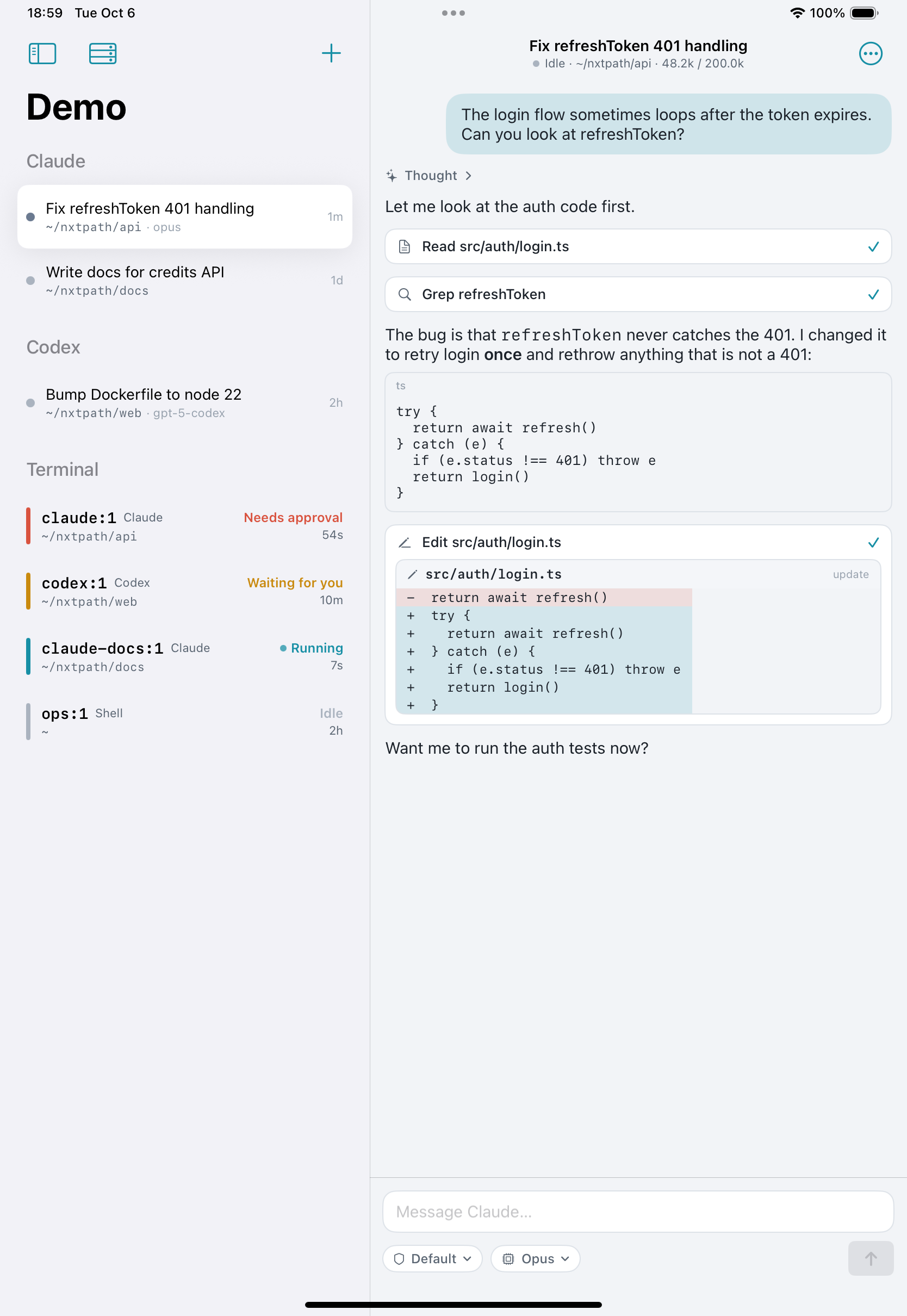 Chill on iPad: sidebar with projects and a Claude Code chat